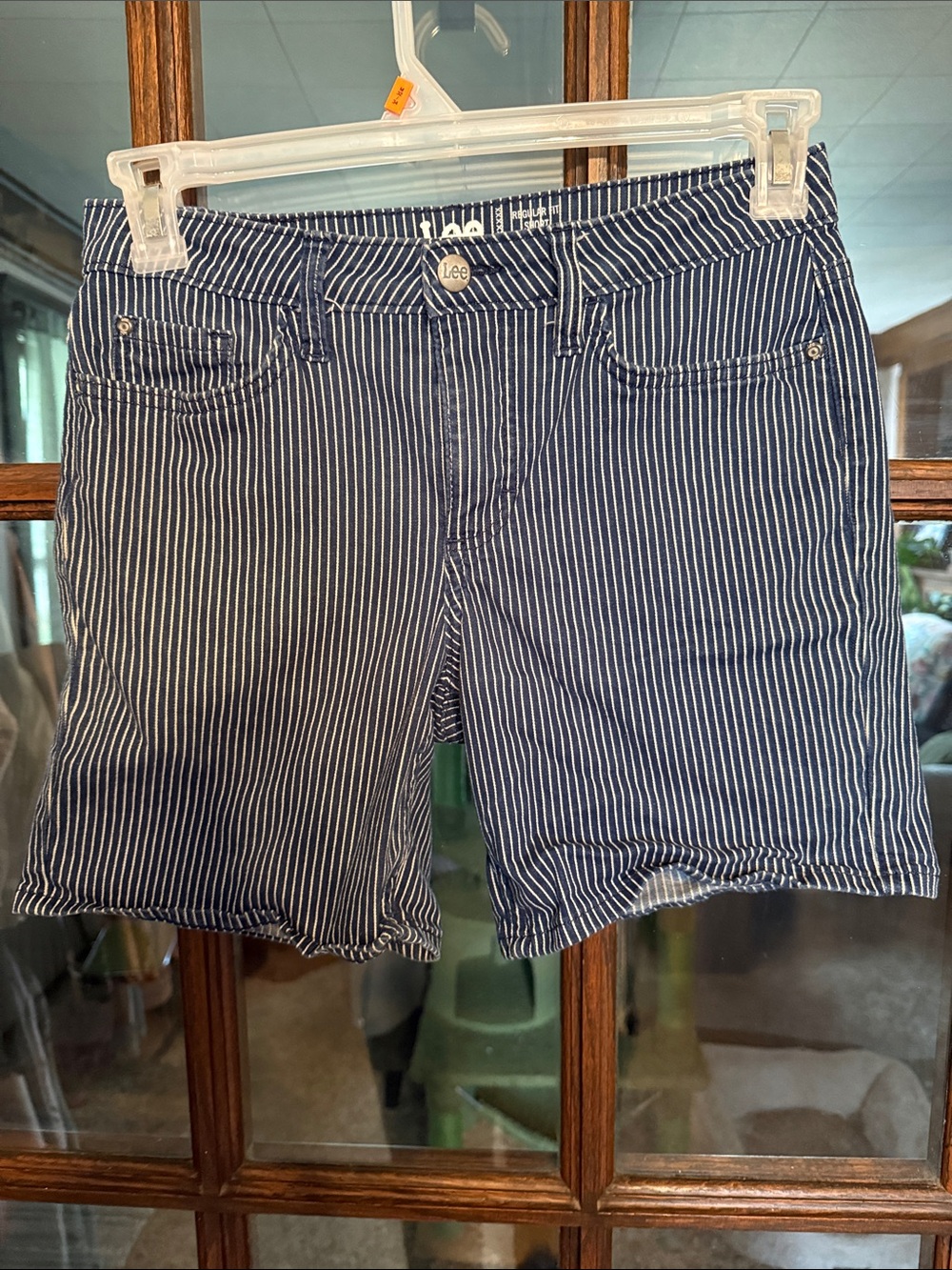 Lee Women's Navy and White Pinstripe Shorts